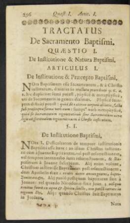 Quaestio I. De Institutione & Natura Baptismi.