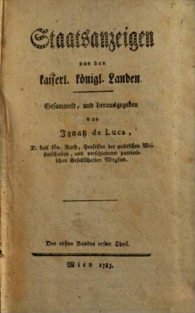 Erbländischer Staatsanzeigen Heft. 1. 1785