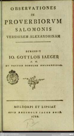 Observationes In Proverbiorum Salomonis Versionem Alexandrinam