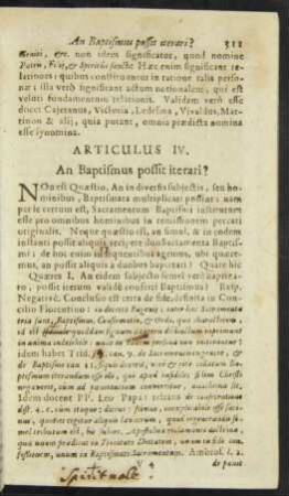 Articulus IV. An Baptismus possit iterari?