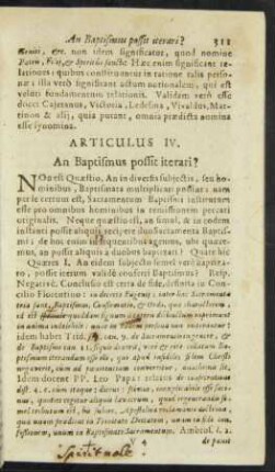 Articulus IV. An Baptismus possit iterari?