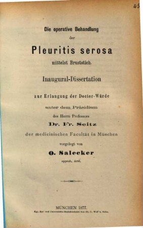 Die operative Behandlung der Pleuritis serosa mittelst Bruststich : Inaug. Diss.