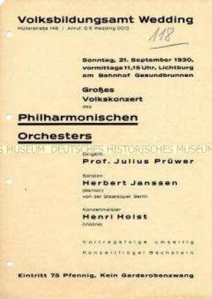 Programm des Volksbildungsamtes Wedding zu einem Konzert