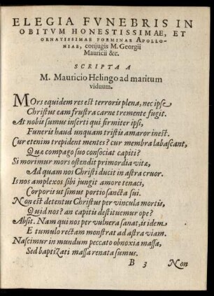 Elegia Funebris In Obitum ... Foeminae Apolloniae ...