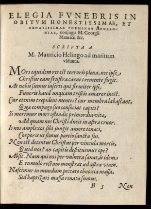 Elegia Funebris In Obitum ... Foeminae Apolloniae ...