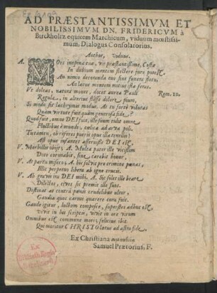 Ad Praestantissimum Et Nobilissimum Dn. Fridericum a Birckholtz