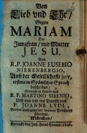 Von Lieb vnd Ehr, Gegen Mariam Der Jungfrau, vnd Mutter Jesu