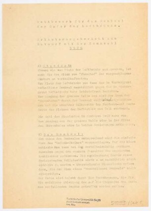 Flughafen Berlin-Tempelhof Wettbewerb für das Denkmal der Opfer der Luftbrücke: Drei Seiten Erläuterungsbericht zum Entwurf mit der Kennzahl 5906