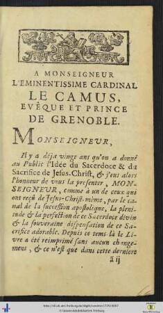 A Monseigneur L’Eminentissime Cardinal Le Camus, Eveque Et Prince De Grenoble.