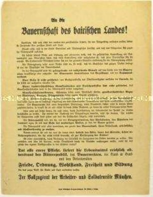 Aufruf des Münchener Vollzugsrates an die bayrischen Bauern zur Unterstützung der Münchener Räterepublik 1919