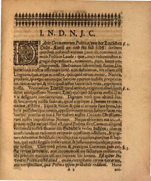 Permittente. Item. Post. Praerequisitum. Et. Impetratum. Speciale. Superiorum. Indultum. Amplissima. Facultate. Philosophica. Artem. Germanorum. Poeticam. Disputatione. Publica. In. Alma. Altdorfina. IIX. Iunii. A.R.S. MDCLXXXIX. Habita. Exhibet. M. Christophorus. Christianus. Haendelius. Heilsbronna. Francus ... Respondente. Iustino. Wezelio. Norimbergense.