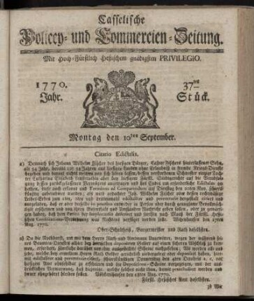 37tes Stueck, Montag den 10ten September. 1770