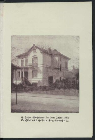 Wohnhaus des Dichters Heinrich Zeise (1822-1914) seit 1899 in Groß Flottbeck. Druck nach Fotografie. Blatt nach Seite 352 in: Kohut, Adolph: Heinrich Zeise. Der Nestor der deutschen Dichter und Schriftsteller in der Gegenwart. Breslau: Walter Markgraf, 1913. Dresden: SLUB Biogr.erud.D.6198.p