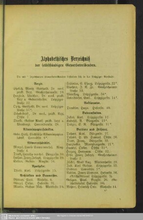 Berufsklassen und Gewerbebetriebe : Alphabetisches Verzeichniß der selbstständigen Gewerbetreibenden