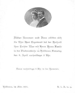 Einladungskarte von Viktor Kraemer und Frau zur Hochzeit ihrer Tochter Else mit Hans Bonte in der Friedenskirche