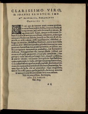 Clarissimo Viro. D. Joanni Sambuco, Imp. Mtis.Historico, Abrahamus Ortelius