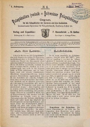 Volapükaflen jveizik = Schweizer Volapükfreund : Organ des Landesverbandes der schweizer. Volapükisten und Sprechsaal für alle schweizerischen Vereine, 1. 1888