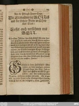 Am II. Pfingst-Feyer-Tage. Die Ermahnung Gottes und der Lehrer Bitte an Christus Statt: Lasset euch versöhnen mit Gott.