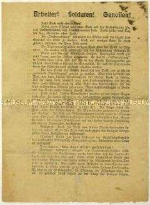 Aufruf des Vollzugsausschusses des Arbeiter- und Soldatenrates zum Kampf für eine sozialistische Republik im Zuge der Novemberrevolution 1918