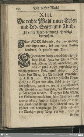 XIII. Die rechte Wahl unter Leben und Tod, Segen und Fluch, In einer Vorbereitungs-Predigt betrachtet