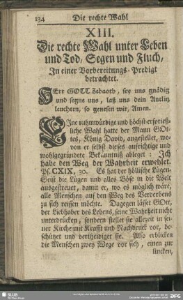 XIII. Die rechte Wahl unter Leben und Tod, Segen und Fluch, In einer Vorbereitungs-Predigt betrachtet