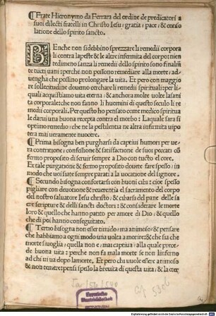 Epistola ai suoi diletti fratelli in Cristo Gesù : Florenz, 1497.07.15