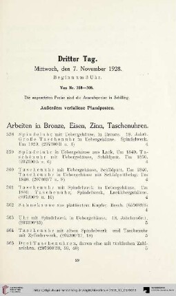Arbeiten in Bronze, Eisen, Zinn, Taschenuhren (Nr. 358-436)