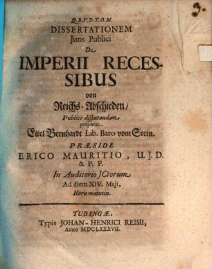 Dissertationem Juris Publici De Imperii Recessibus : = Von Reichs-Abschieden