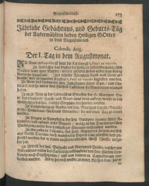 Jährliche Gedächtnus, und Geburts-Täg der Auserwählten lieben Heiligen GOttes in dem Augustmonat