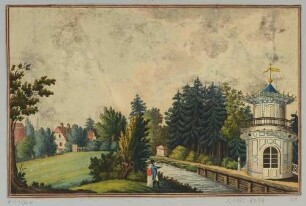 Gerhards Garten (davor Richters Garten und Reichenbachs Garten) in Leipzig mit dem Japanischen Pavillon im Hintergrund und dem Poniatowski-Denkmal in Leipzig mit dem Japanischen Pavillon und dem Poniatowski-Denkmal im Hintergrund