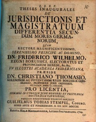 Theses Inaugurales De Jurisdictionis Et Magistratuum Differentia Secundum Mores Germanorum