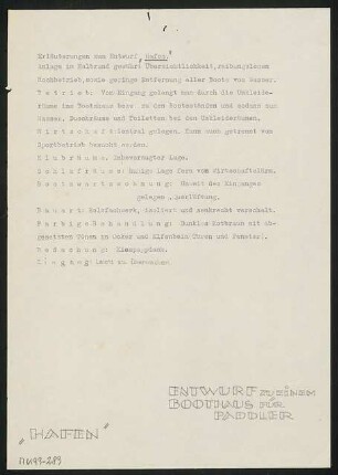 Boots- und Klubhaus Monatskonkurrenz November 1931: Erläuterungsbericht