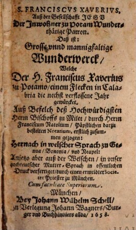 S[anc]t[us] Franciscus Xaverius Wunderthätige Patron