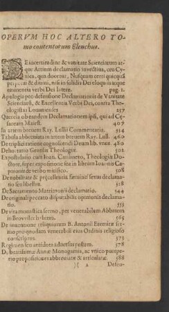 Opervm Hoc Altero Tomo contentorum Elenchus.