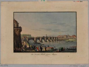 Die Elbbrücke (alte Augustusbrücke, 1727-31 von Pöppelmann) in Dresden, Blick vom Ausschiffungsplatz unterhalb der Brühlschen Terrasse nach Nordwesten auf die Neustadt