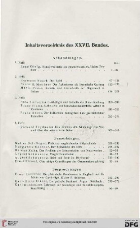 Inhaltsverzeichnis des XXVII. Bandes