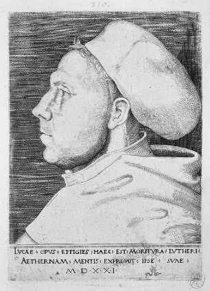 Bildnis Martin Luther mit Doktorhut : Cranach, Lucas d.Ä.: Bildnis Martin Luthers mit Doktorhut. Kupferstich, 1521. Dresden Kupferstich-Kabinett