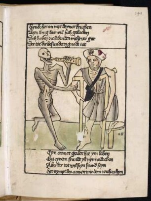 Der Tod zieht den Bettler zum Tanz.