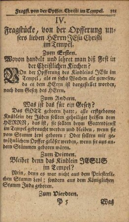 IV. Fragstücke, von der Opfferung unsers lieben Herrn Jesu Christi im Tempel