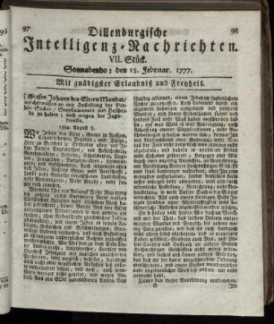 VII. Stück. Sonnabends: den 15. Februar 1777.