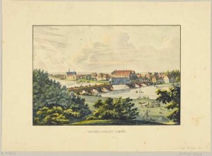 Grimma südöstlich von Leipzig mit der Pöppelmannsbrücke, der Augustinerkirche und dem Schloss, Blick über die Mulde aus nordöstlicher Richtung