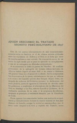 ¿Quién decubrió el Tratado Secreto Perú-Boliviano de 1873?