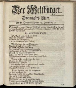 Zwanzigstes Blatt. Berlin, Donnerstags den 15. Junius 1741.