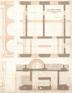 Gärtner, Friedrich von; München, Ludwigstr.; Staatsbibliothek - Ostflügel - Leitung der Kanäle für die Kaltluft zum Ofen (Schnitte)