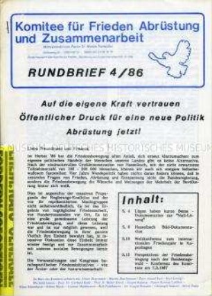 Mitteilungsblatt (Rundbrief) des Koordinierungsausschusses der Friedensbewegung u.a. mit einer Darstellung der bisherigen Verhandlungen zur Abrüstung von Atomwaffen und der Rolle der Friedensbewegung - Sachkonvolut