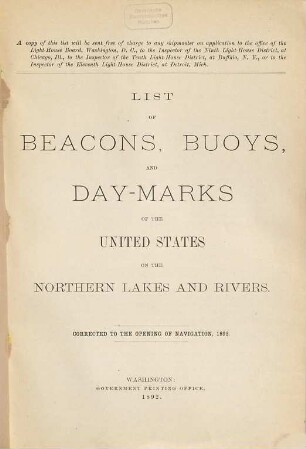 List of beacons, buoys, and day marks of the United States on the Northern lakes and rivers. 1892