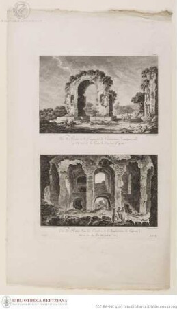 Blatt mit zwei Drucken; oben: Das antike Stadttor von Capua; unten: Das Amphitheater von Capua