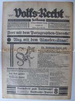 Regionale Wochenzeitung des Sparerbundes Sachsen mit Wahlpropaganda der Volksrecht-Partei für die Landtagswahl in Sachsen 1929