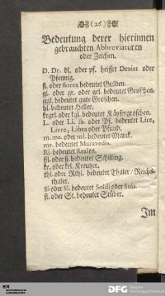 Bedeutung derer hierinnen gebrauchten Abbreviaturen oder Zeichen.