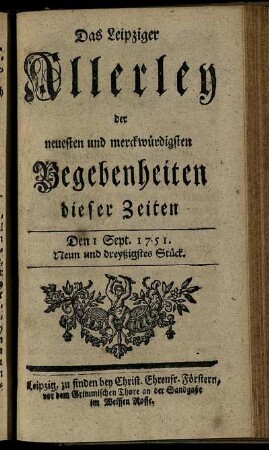 Den 1 Sept. 1751. Neun und dreyßigstes Stück.